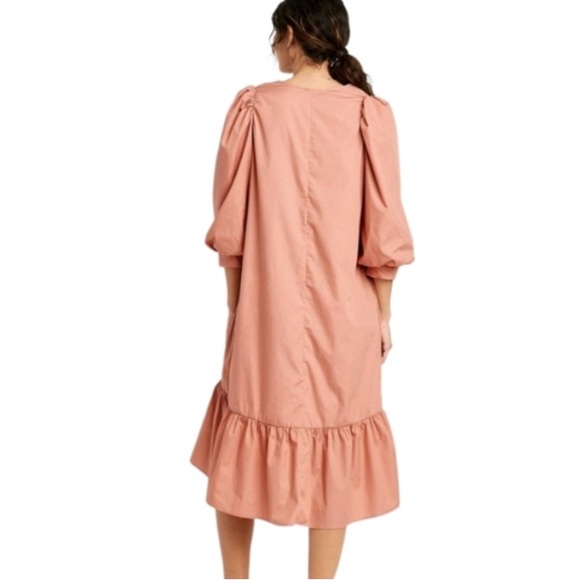 A New Day Long Puff Sleeve V-Neck Midi Dress Ruffle Hem Pockets - Picture 5 of 12